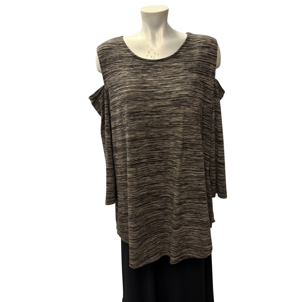 Allison Daley Plus Brown Space Dye Cold Shoulder Top 3/4 Sleeve